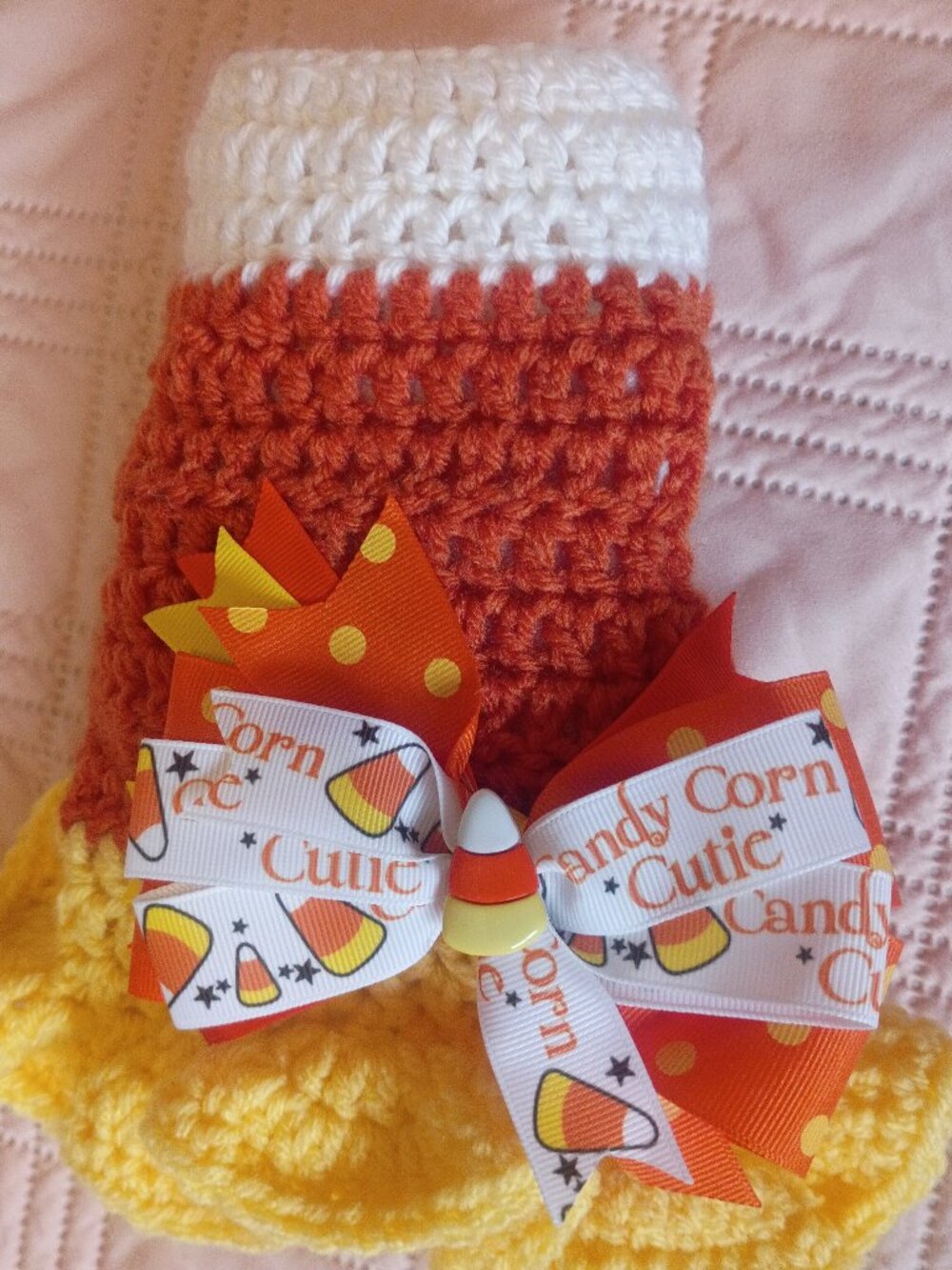 Hand Knitted Candy Corn Dog Sweater Adorned with Beautiful Matching Bow XS